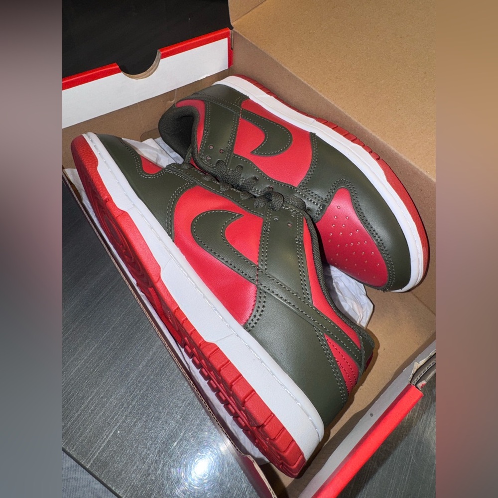 Nike Dunk Lows - Khaki Cargo with Crimson Red